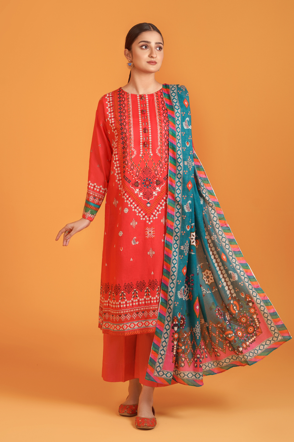 3 PC Unstitched | Printed Lawn Shirt + Trouser | Cotton Net Dupatta