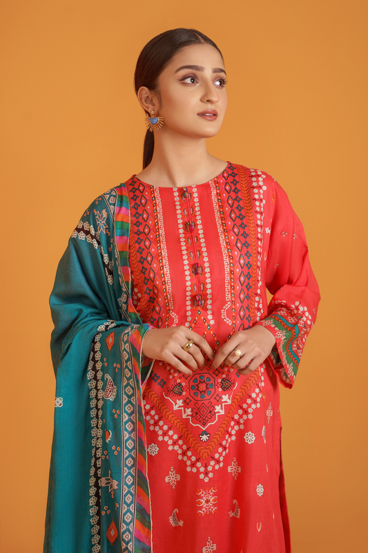 3 PC Unstitched | Printed Lawn Shirt + Trouser | Cotton Net Dupatta