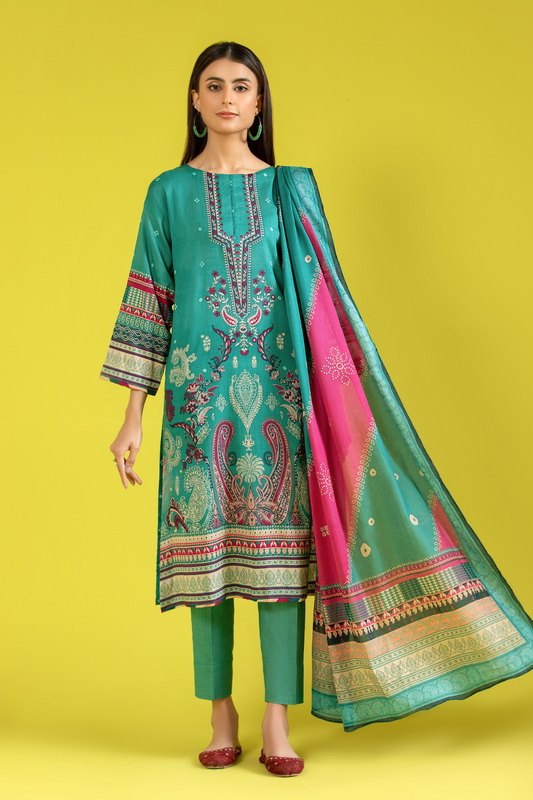 3 PC Unstitched | Printed Lawn Shirt + Trouser | Cotton Net Dupatta