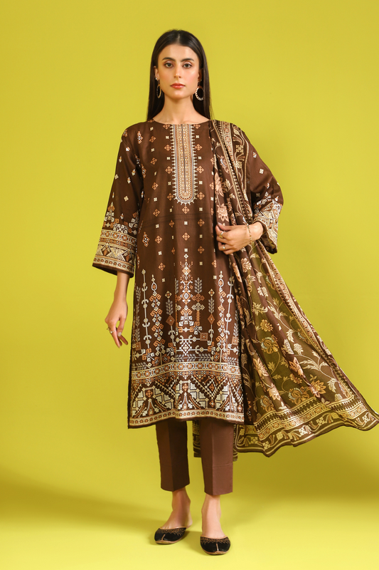 3 PC Unstitched | Printed Lawn Shirt + Trouser | Cotton Net Dupatta