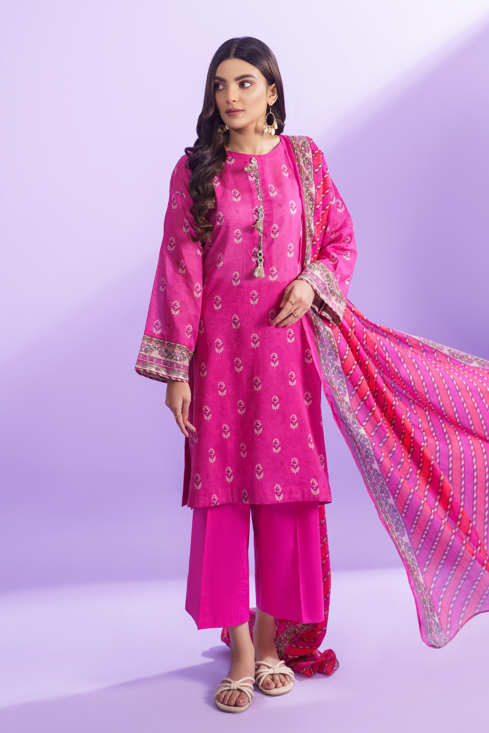 3 PC Unstitched | Printed Lawn Shirt + Trouser | Cotton Silk Dupatta