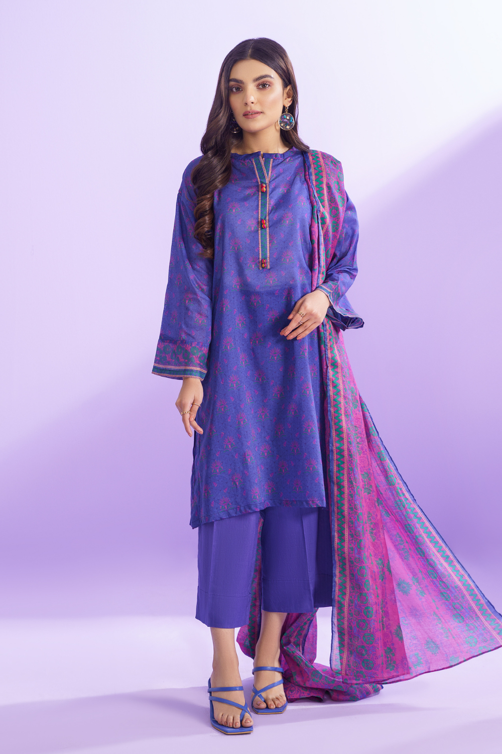 3 PC Unstitched | Printed Lawn Shirt + Trouser | Cotton Silk Dupatta