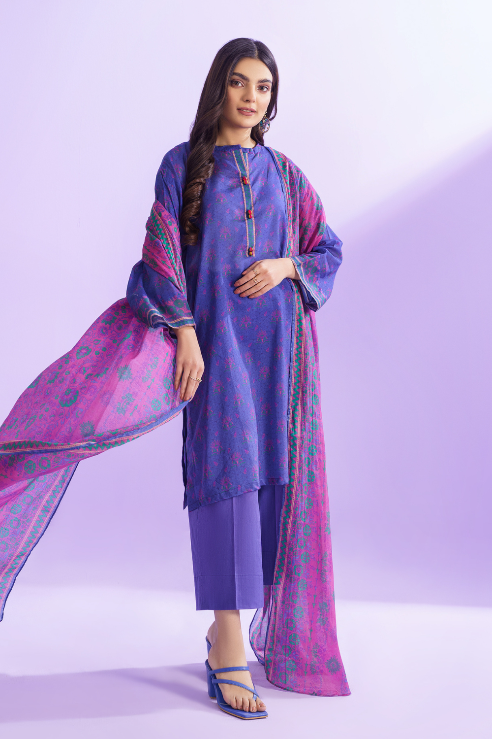 3 PC Unstitched | Printed Lawn Shirt + Trouser | Cotton Silk Dupatta