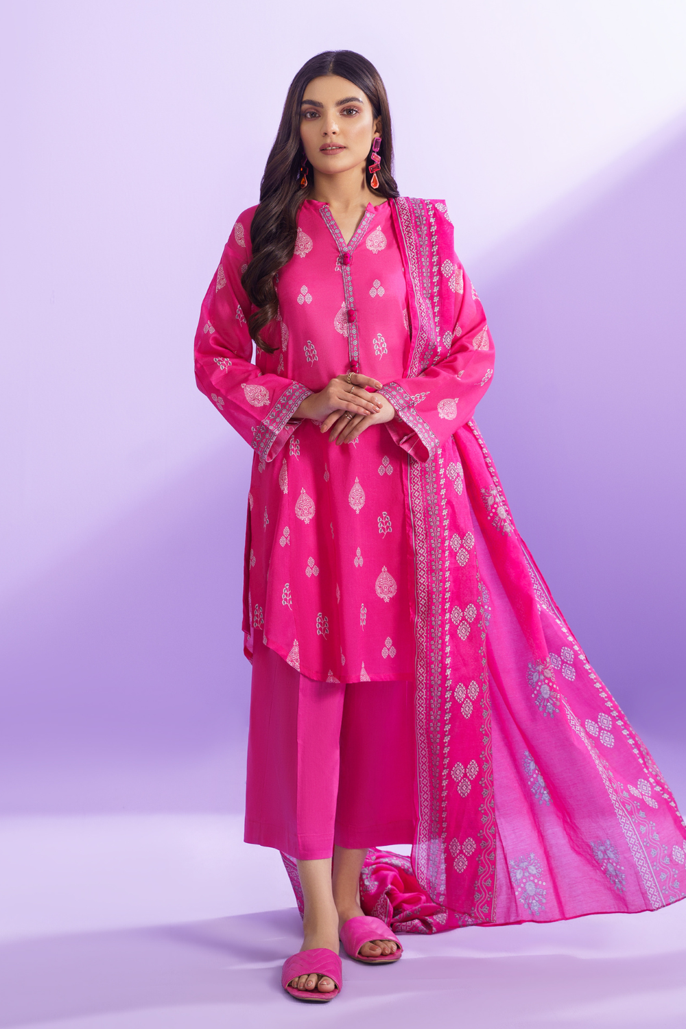 3 PC Unstitched | Printed Lawn Shirt + Trouser | Cotton Silk Dupatta