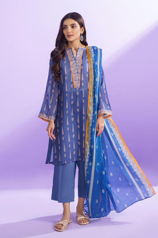 3 PC Unstitched | Printed Lawn Shirt + Trouser | Cotton Silk Dupatta