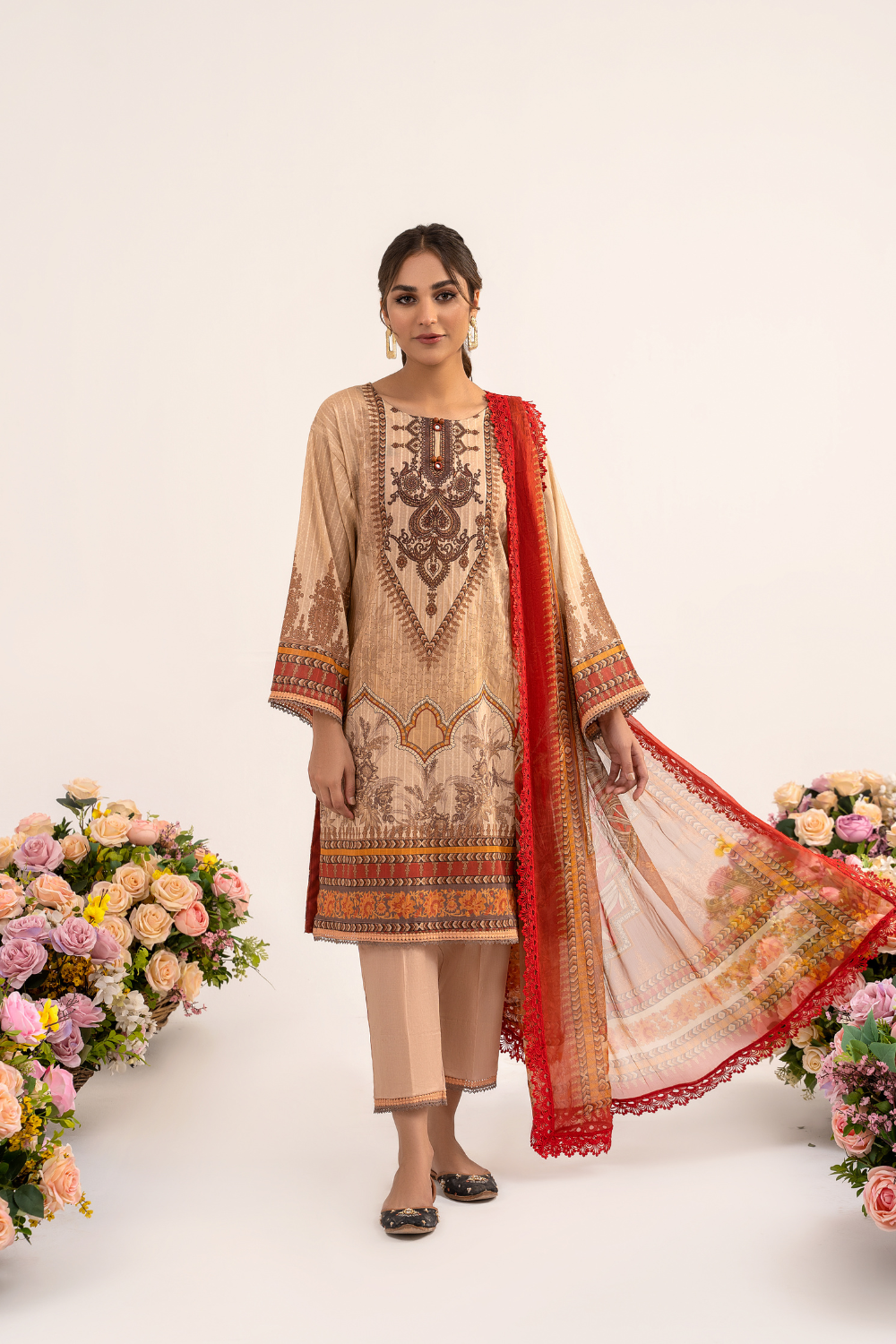 3 PC Unstitched | Printed Jacquard Shirt + Trouser | Chiffon Dupatta