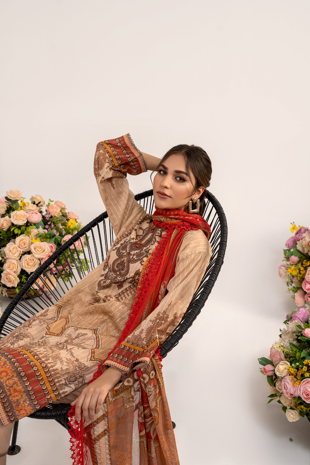 3 PC Unstitched | Printed Jacquard Shirt + Trouser | Chiffon Dupatta