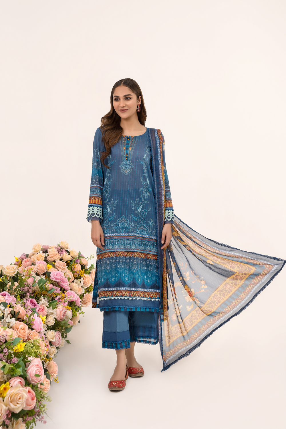 3 PC Unstitched | Printed Jacquard Shirt + Trouser | Chiffon Dupatta