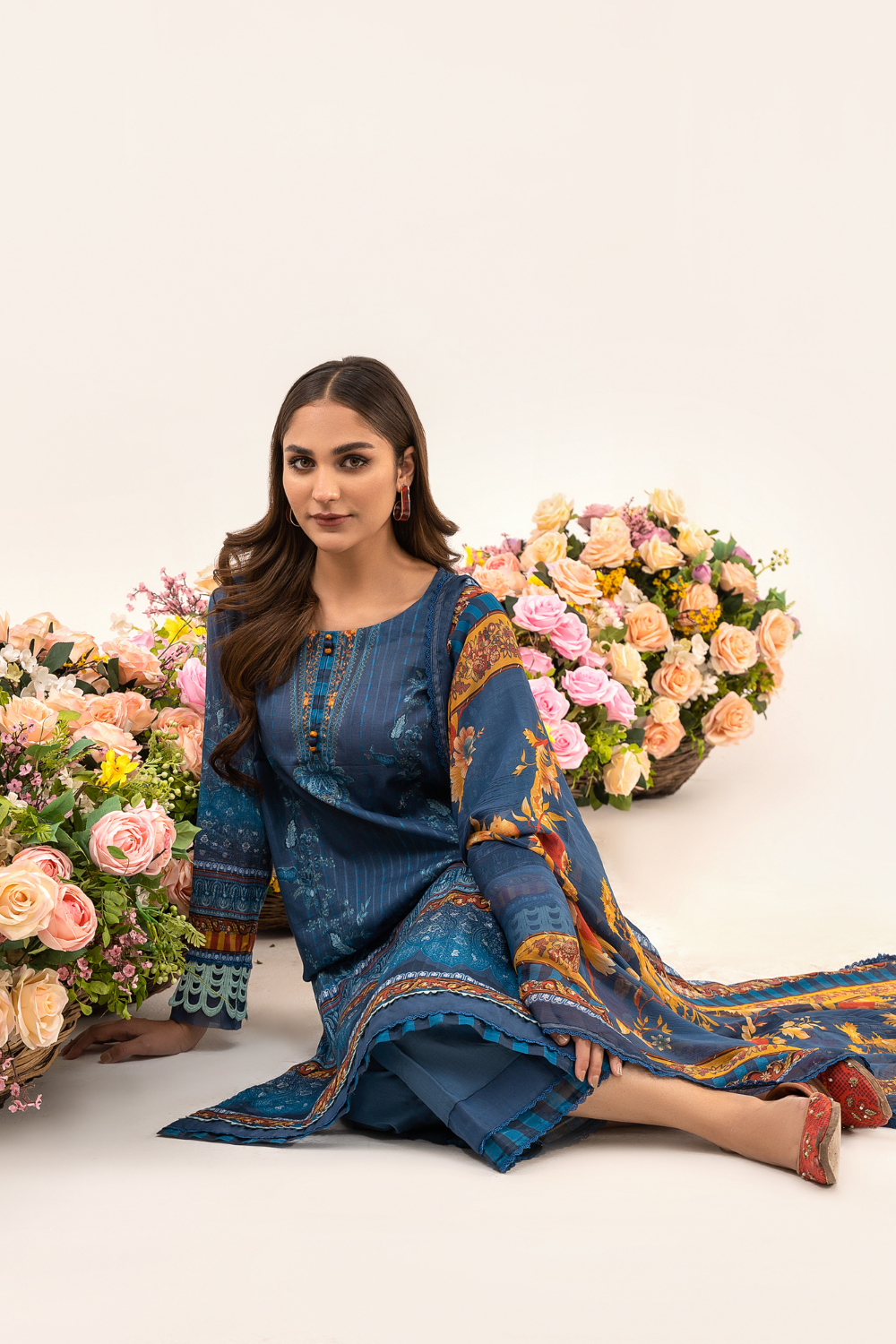 3 PC Unstitched | Printed Jacquard Shirt + Trouser | Chiffon Dupatta