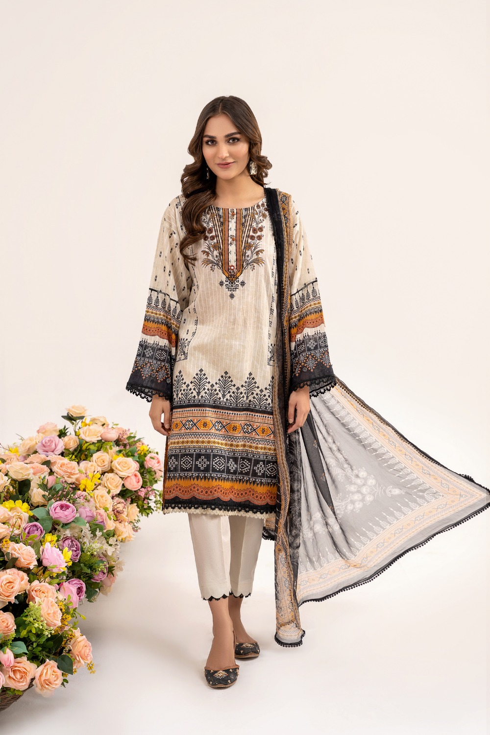 3 PC Unstitched | Printed Jacquard Shirt + Trouser | Chiffon Dupatta