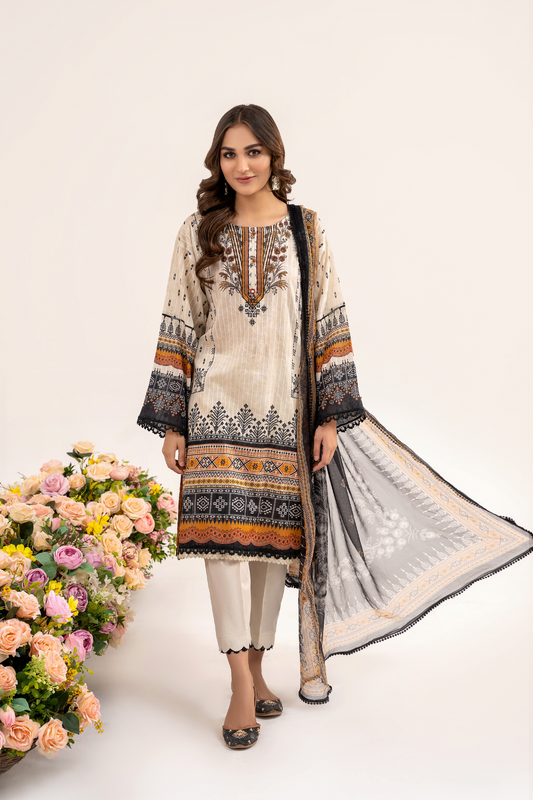 3 PC Unstitched | Printed Jacquard Shirt + Trouser | Chiffon Dupatta