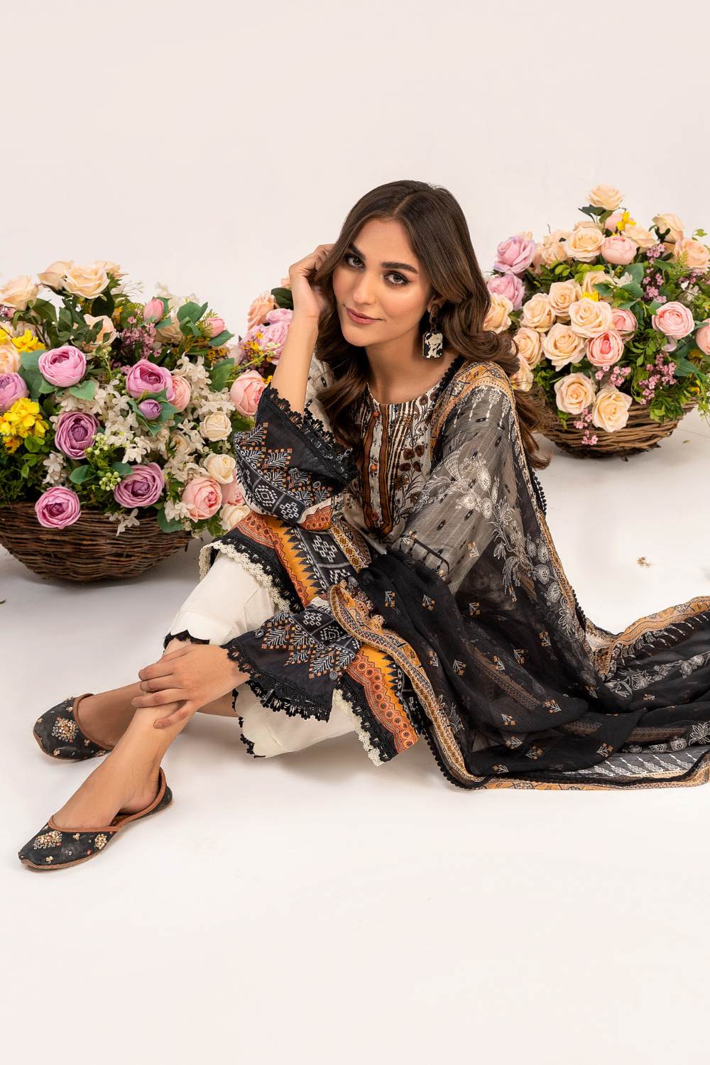 3 PC Unstitched | Printed Jacquard Shirt + Trouser | Chiffon Dupatta