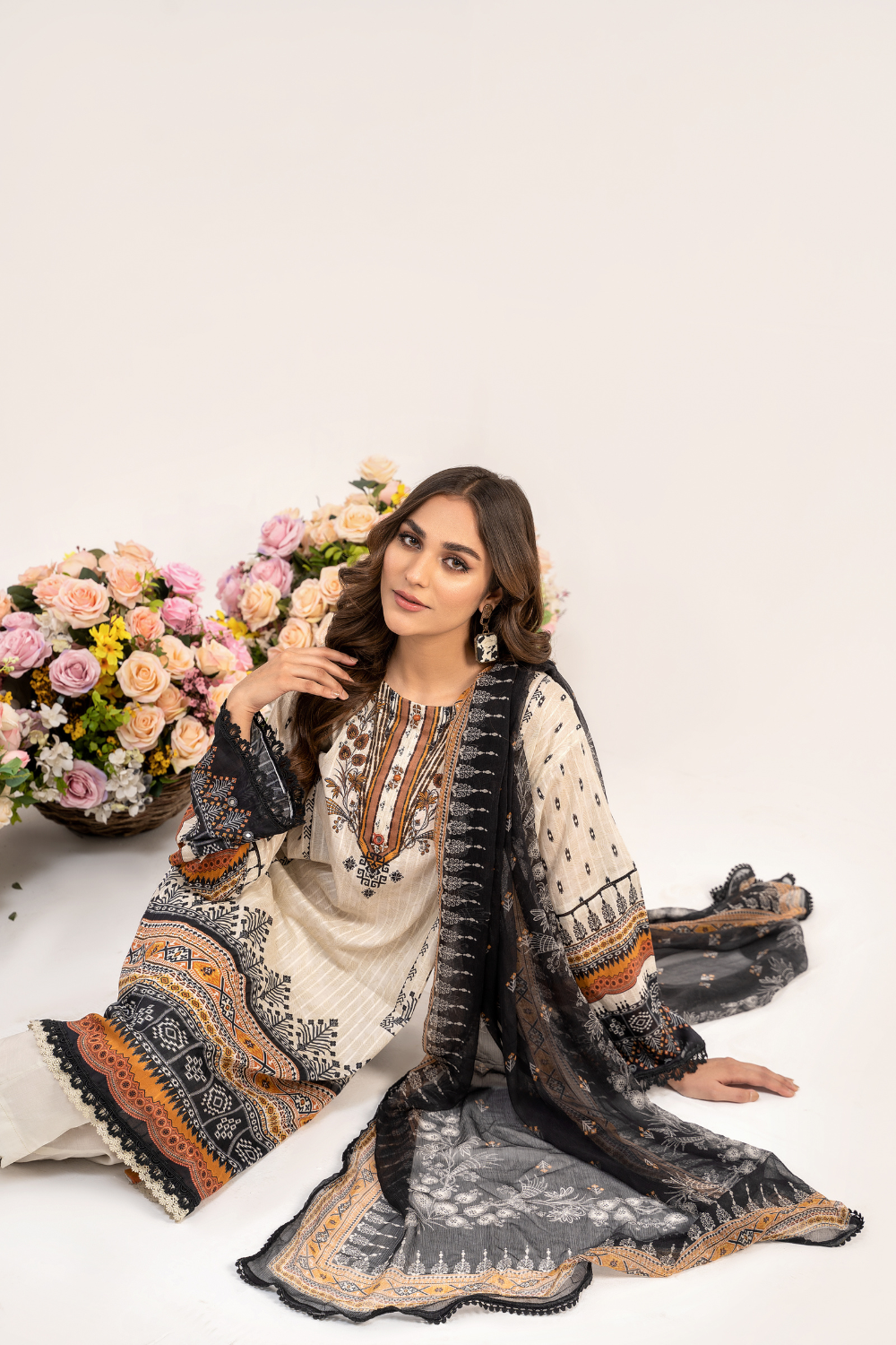 3 PC Unstitched | Printed Jacquard Shirt + Trouser | Chiffon Dupatta