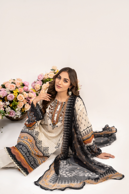3 PC Unstitched | Printed Jacquard Shirt + Trouser | Chiffon Dupatta