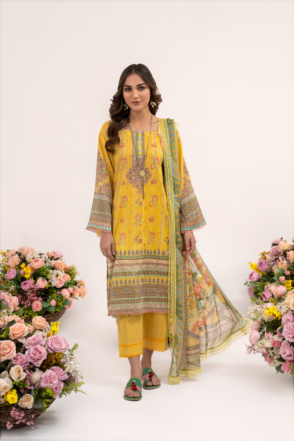 3 PC Unstitched | Printed Jacquard Shirt + Trouser | Chiffon Dupatta