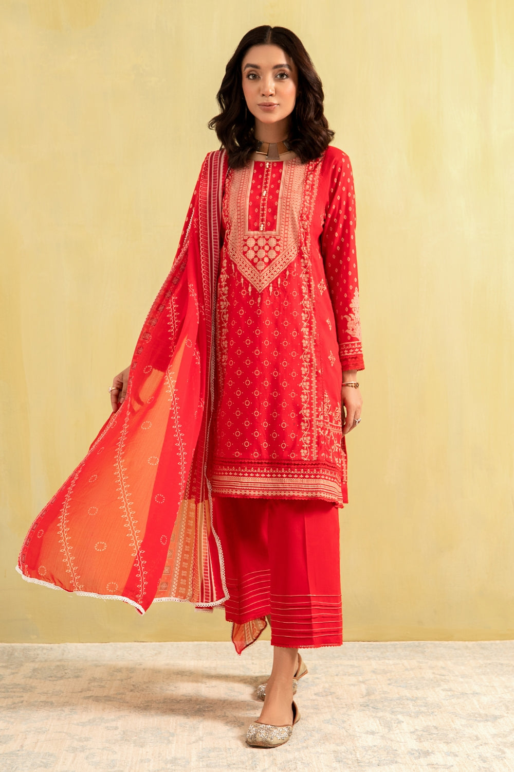 3PC Unstitched | Paste Printed Lawn Shirt + Chiffon Dupatta+Trouser