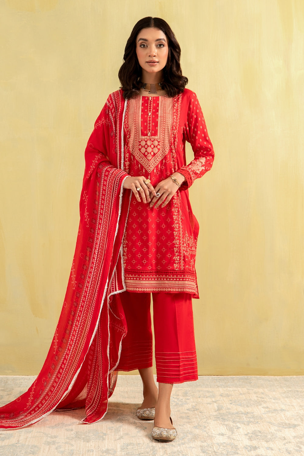 3PC Unstitched | Paste Printed Lawn Shirt + Chiffon Dupatta+Trouser