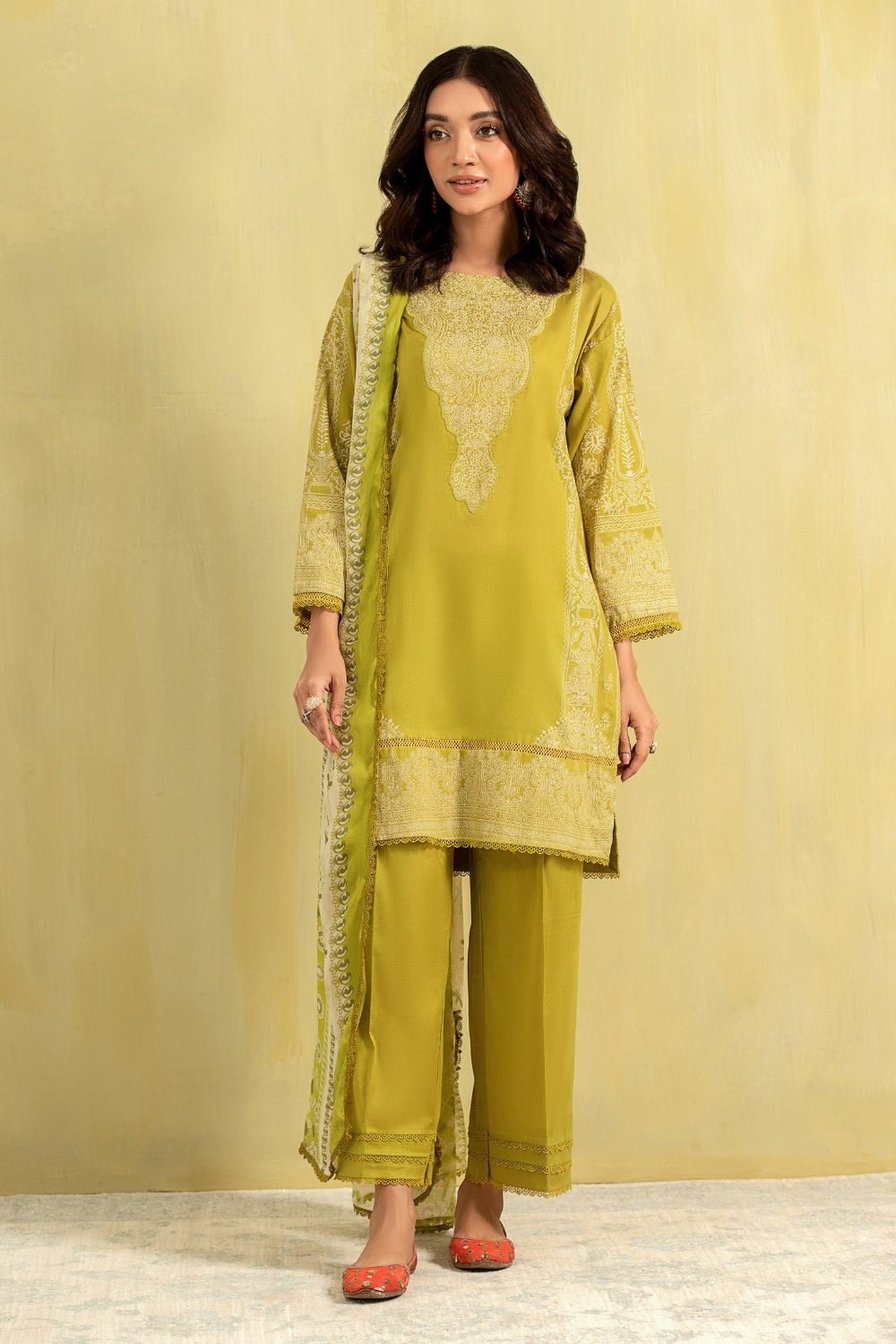 3PC Unstitched | Paste Printed Lawn Shirt + Chiffon Dupatta+Trouser