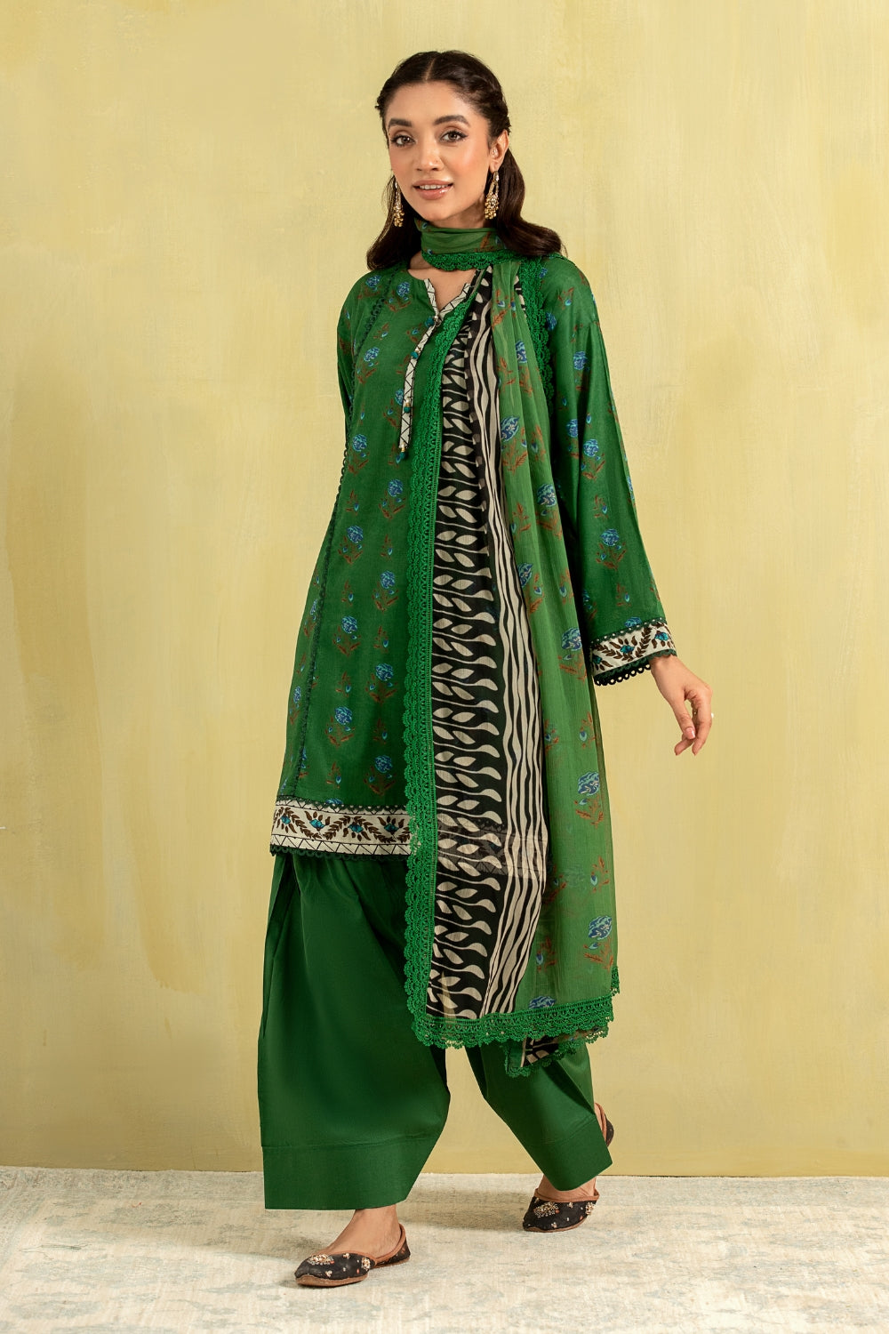 3PC Unstitched | Printed Lawn Shirt + Chiffon Dupatta+Trouser