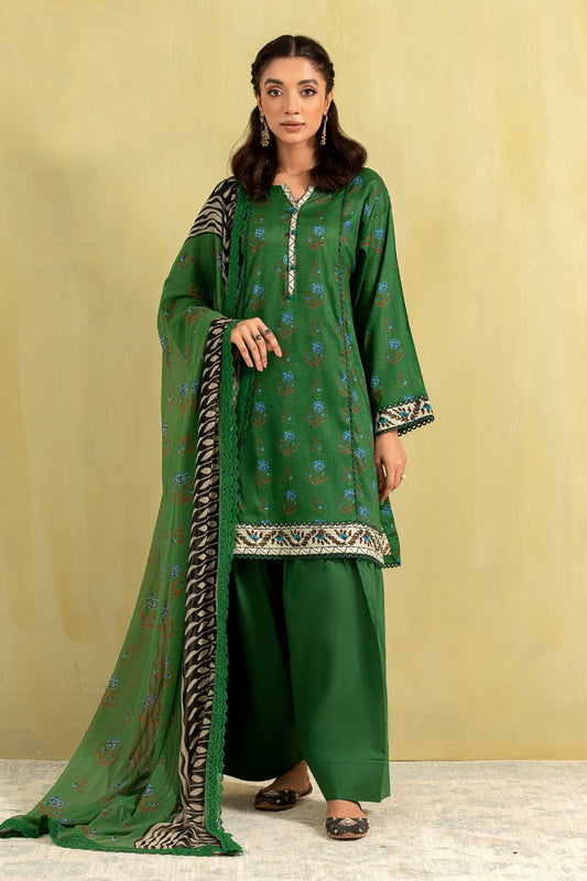 3PC Unstitched | Printed Lawn Shirt + Chiffon Dupatta+Trouser