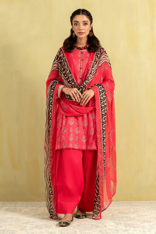 3PC Unstitched | Printed Lawn Shirt + Chiffon Dupatta+Trouser