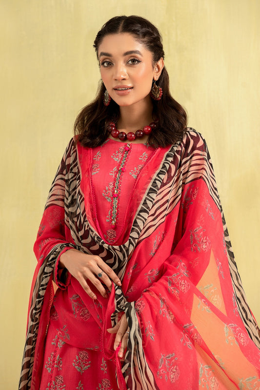 3PC Unstitched | Printed Lawn Shirt + Chiffon Dupatta+Trouser