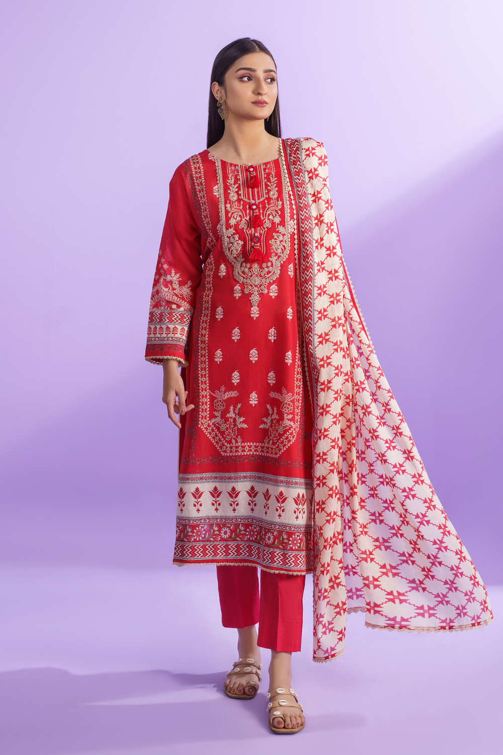 3PC Unstitched | Embroidered Lawn Shirt + Dupatta + Dyed Trouser