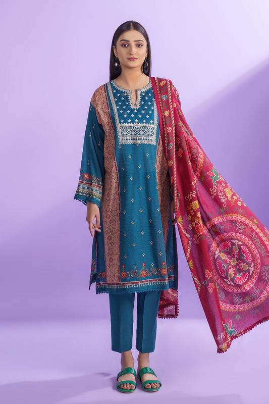 3PC Unstitched | Embroidered Lawn Shirt + Dupatta + Dyed Trouser