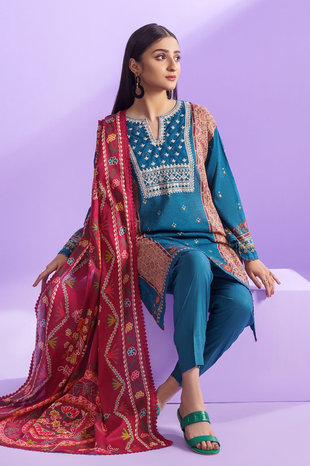 3PC Unstitched | Embroidered Lawn Shirt + Dupatta + Dyed Trouser