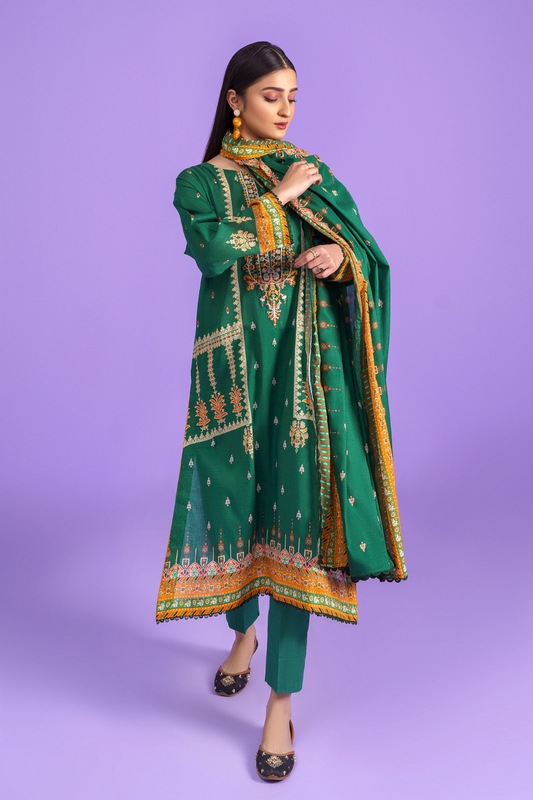 3PC Unstitched | Embroidered Lawn Shirt + Dupatta + Dyed Trouser