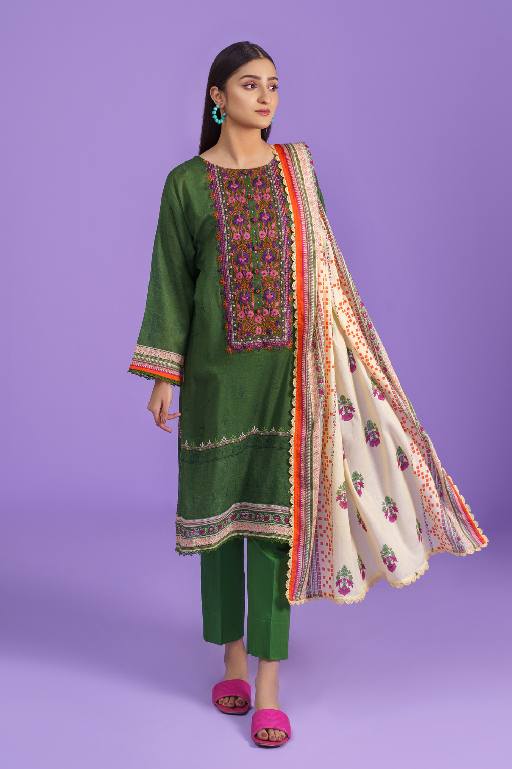 3PC Unstitched | Embroidered Lawn Shirt + Dupatta + Dyed Trouser