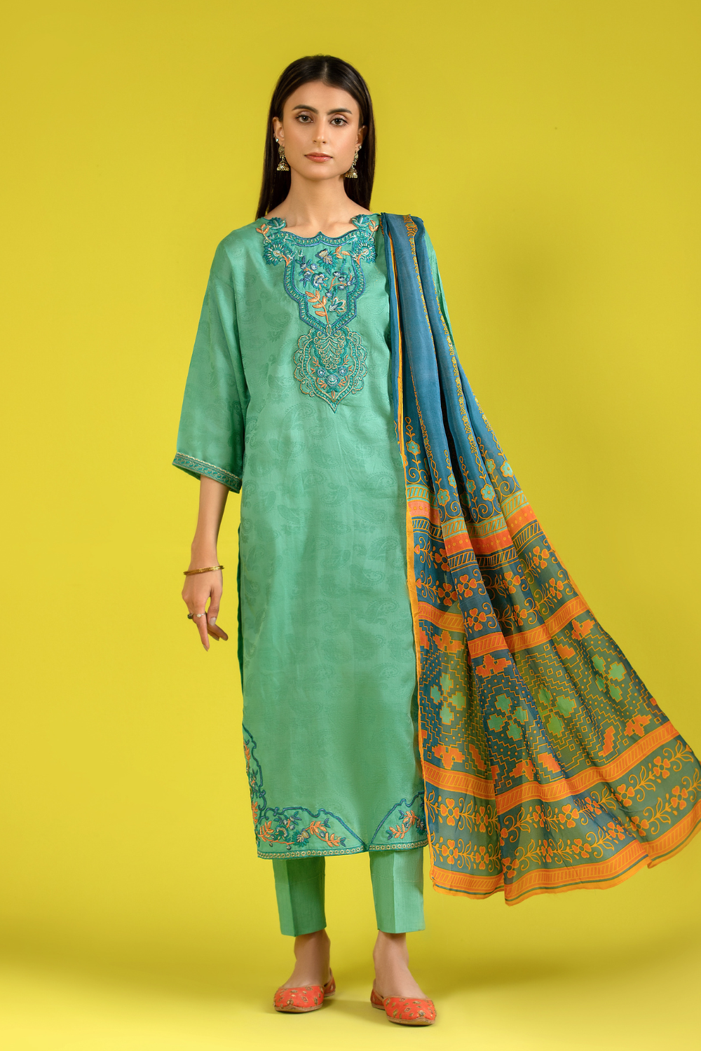 3 PC Unstitched | Jacquard Embroidered Shirt + Silk Dupatta + Lawn Trouser