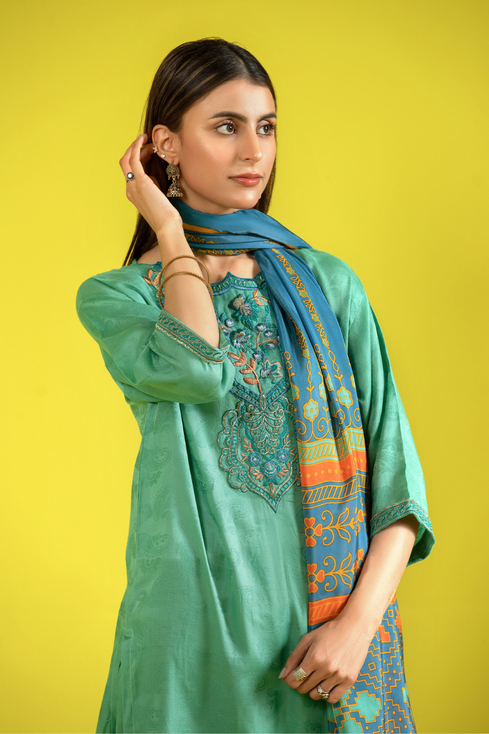 3 PC Unstitched | Jacquard Embroidered Shirt + Silk Dupatta + Lawn Trouser