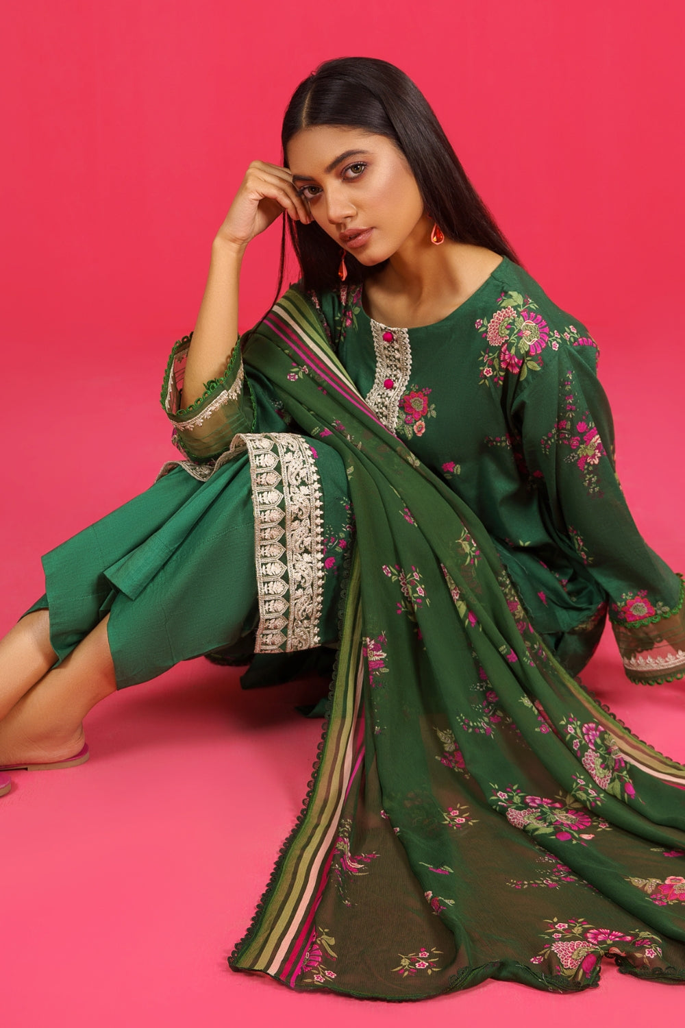 3PC Unstitched | Embroidered Lawn Shirt+ Chiffon Dupatta+Trouser