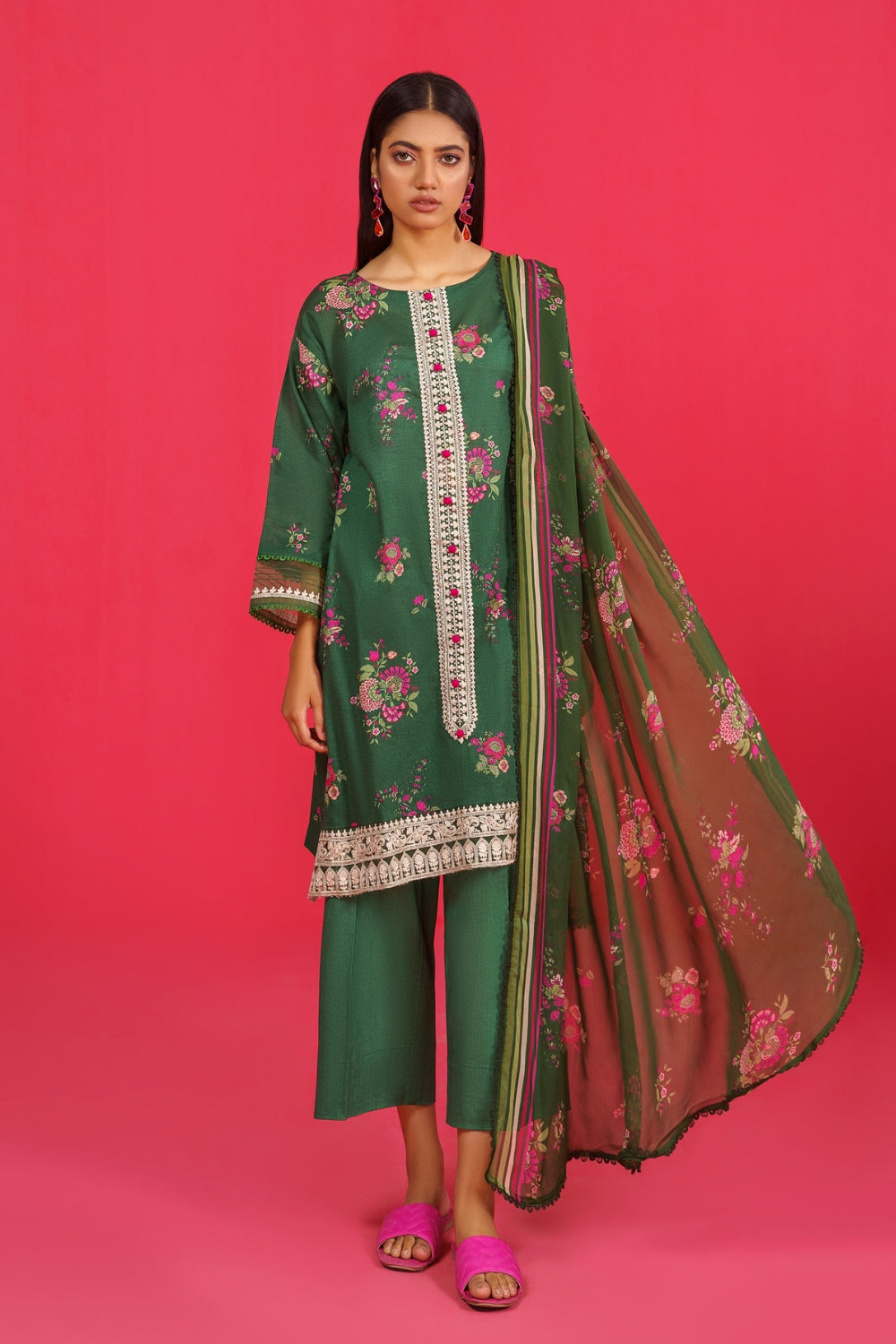 3PC Unstitched | Embroidered Lawn Shirt+ Chiffon Dupatta+Trouser