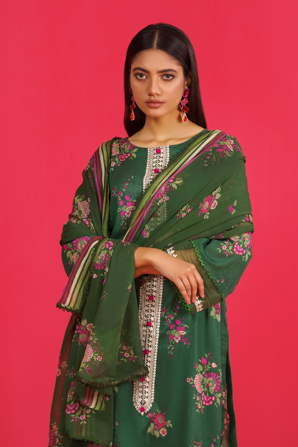 3PC Unstitched | Embroidered Lawn Shirt+ Chiffon Dupatta+Trouser