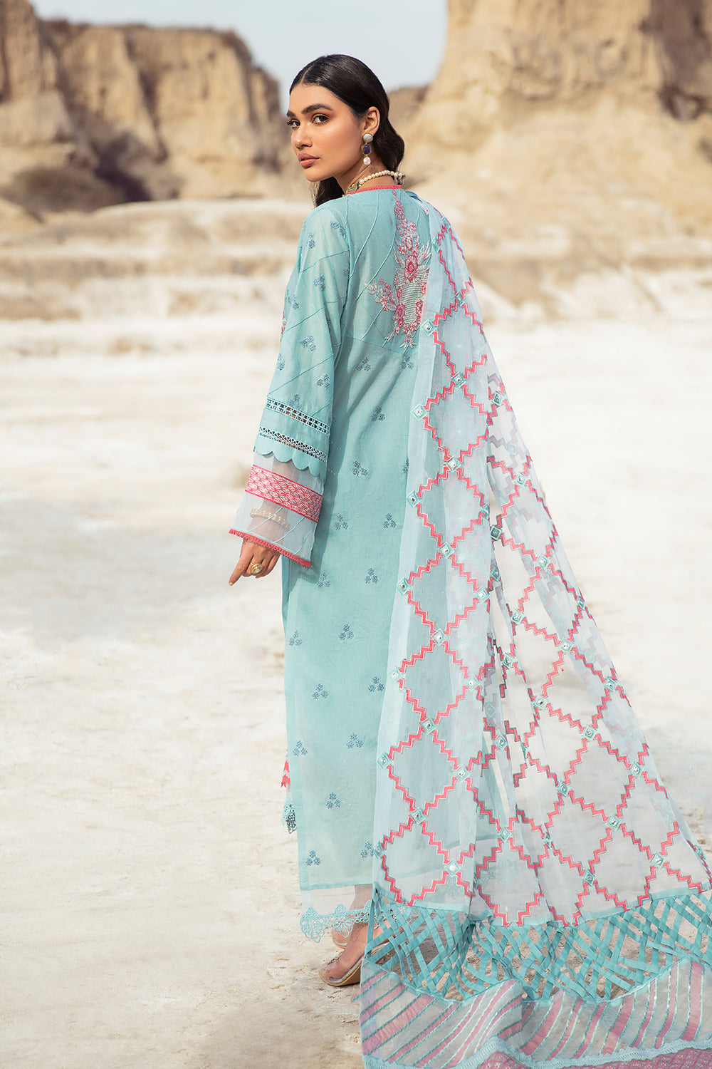 3 PC Unstitched Embroidered Shirt + Embroidered Organza Dupatta + Dyed Cambric Trouser