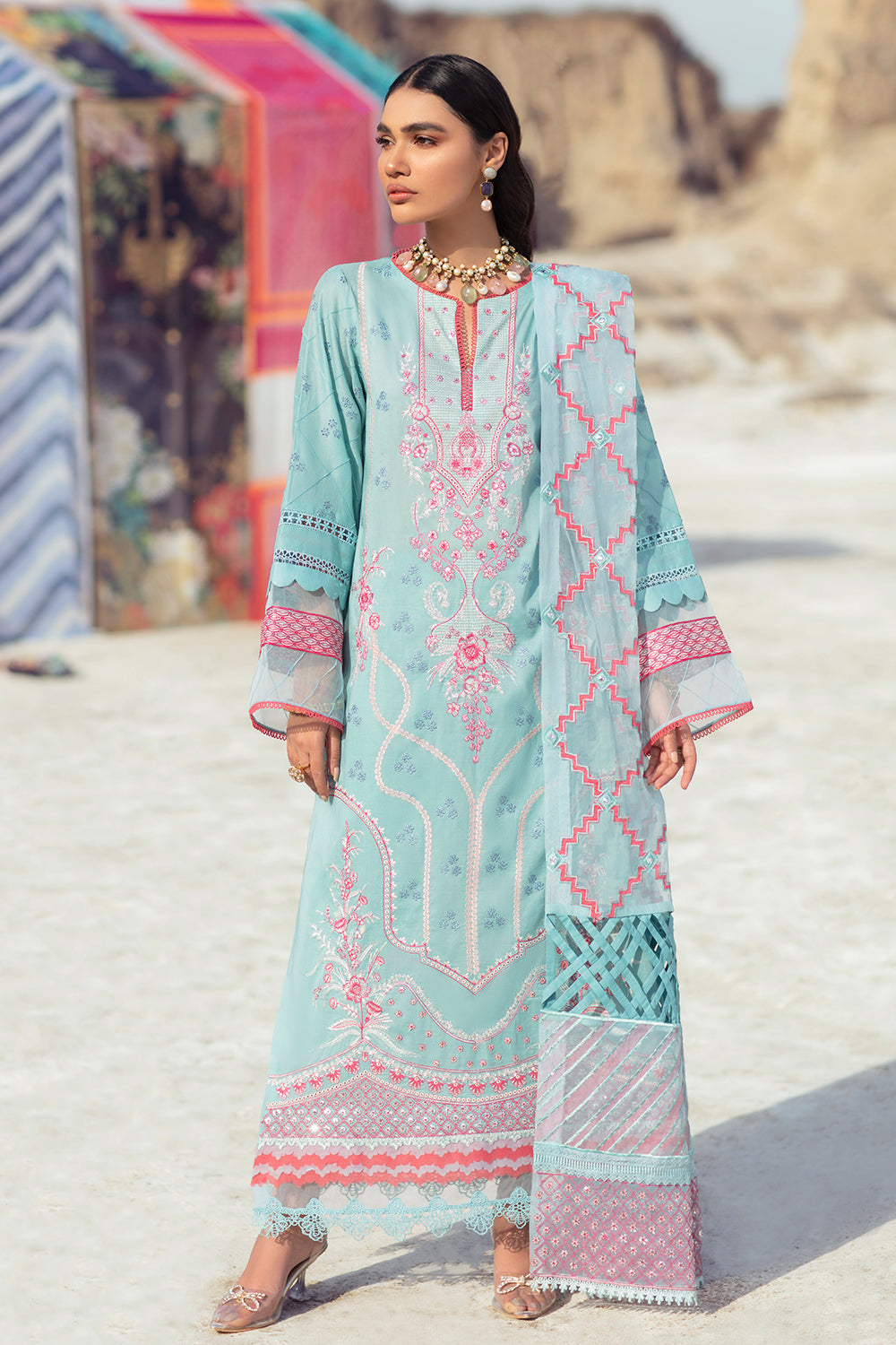 3 PC Unstitched Embroidered Shirt + Embroidered Organza Dupatta + Dyed Cambric Trouser
