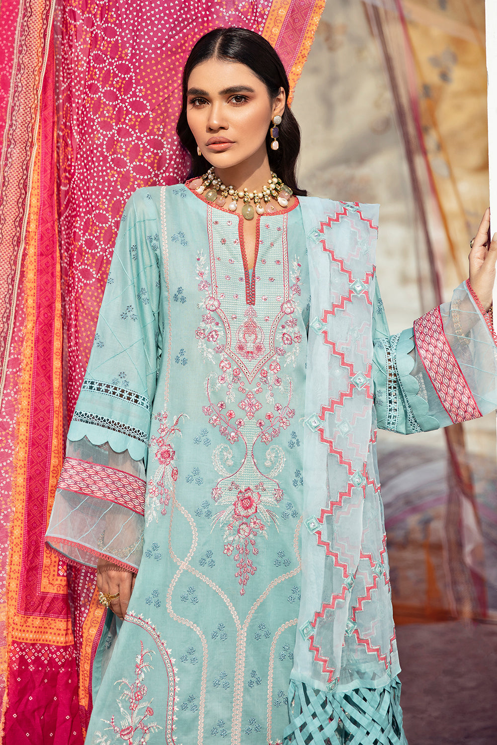 3 PC Unstitched Embroidered Shirt + Embroidered Organza Dupatta + Dyed Cambric Trouser