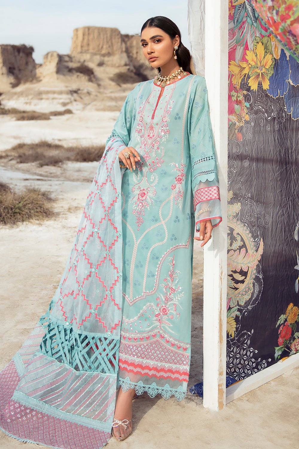 3 PC Unstitched Embroidered Shirt + Embroidered Organza Dupatta + Dyed Cambric Trouser