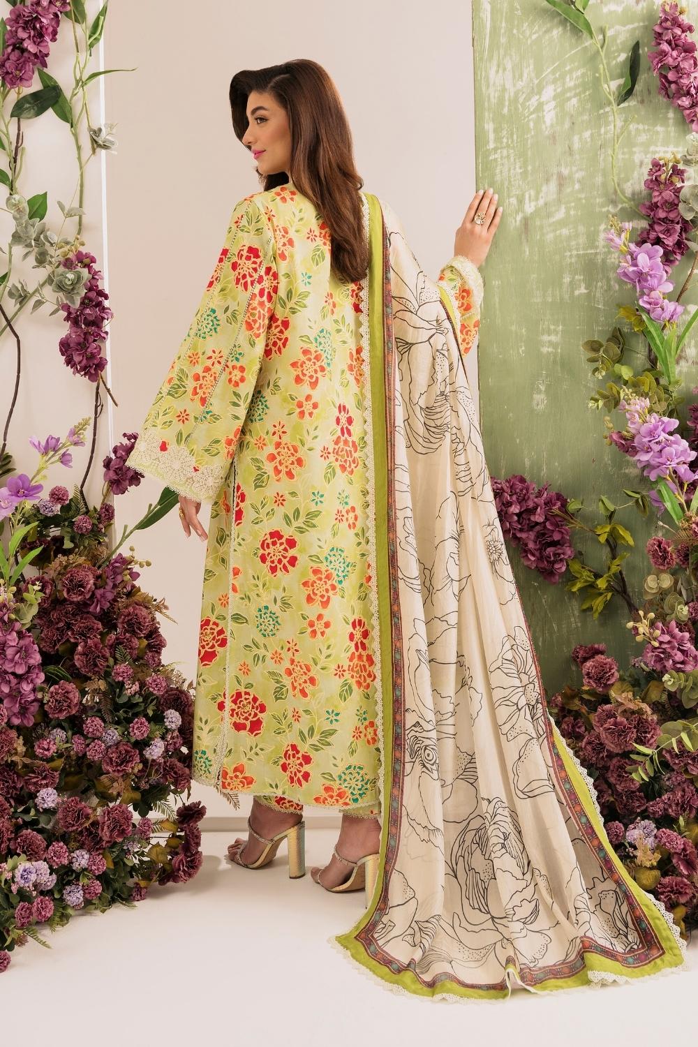 3PC Unstitched | Embroidered Lawn Suit | Silk Dupatta