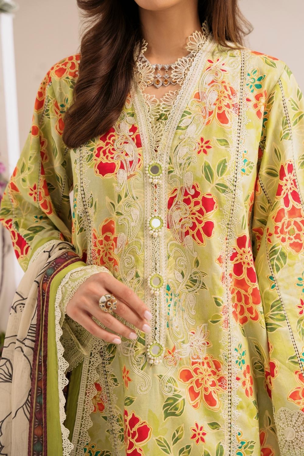 3PC Unstitched | Embroidered Lawn Suit | Silk Dupatta