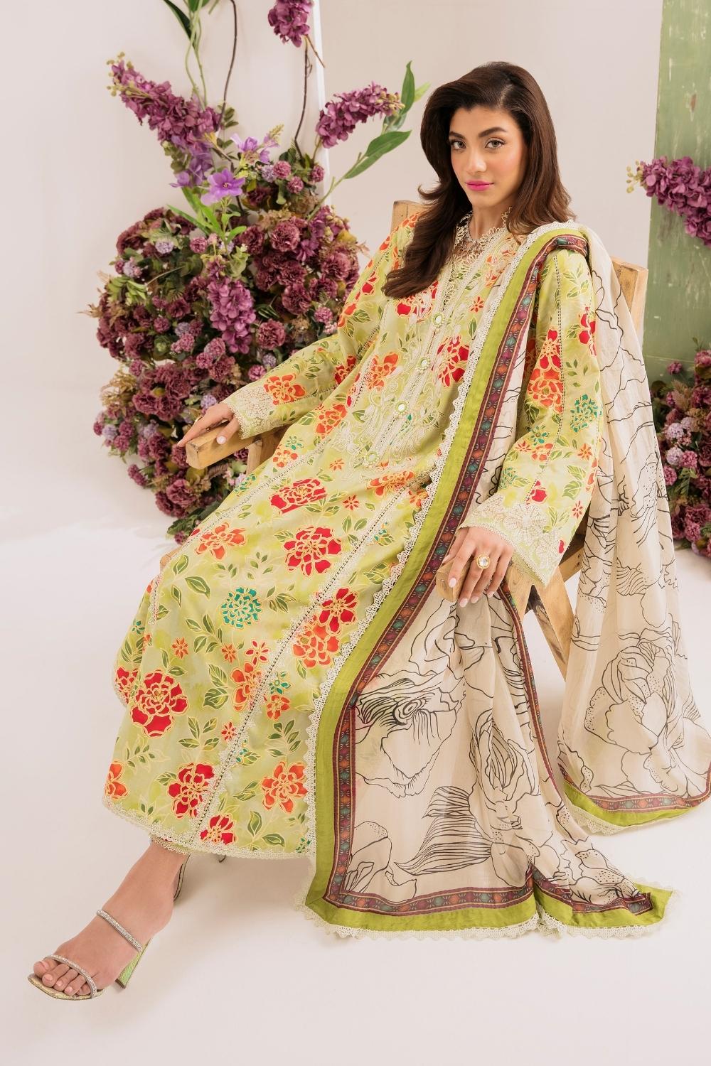 3PC Unstitched | Embroidered Lawn Suit | Silk Dupatta