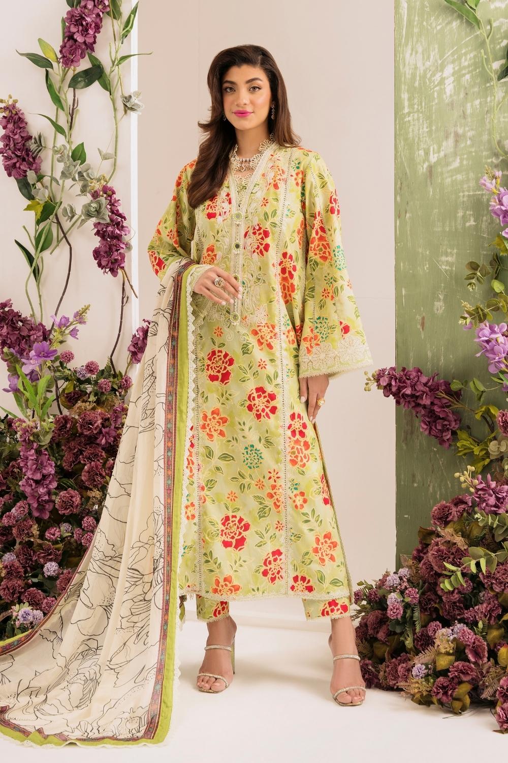 3PC Unstitched | Embroidered Lawn Suit | Silk Dupatta