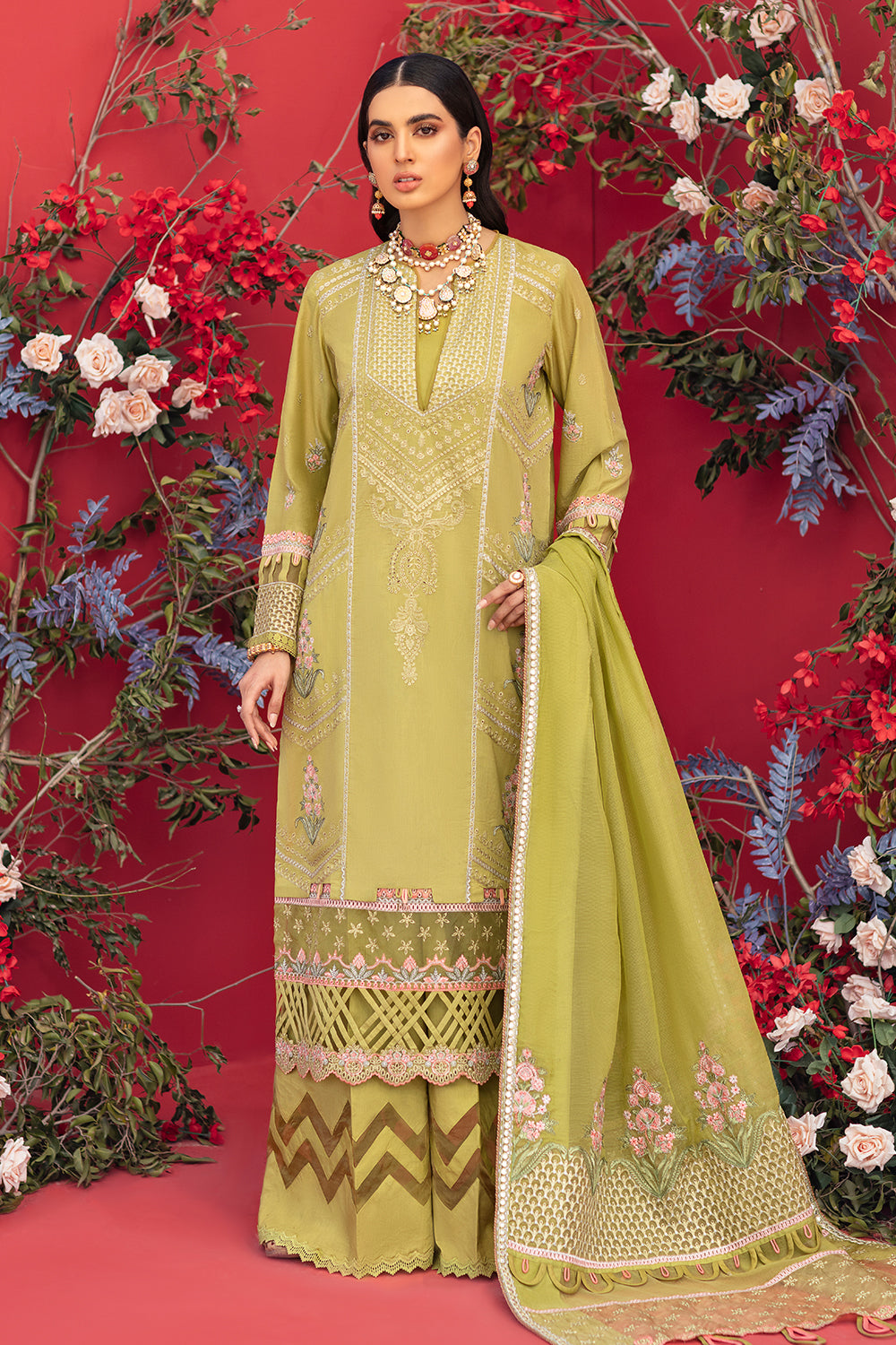 3 PC Unstitched Embroidered Shirt + Embroidered Rajju Net Dupatta + Dyed Cambric Trouser