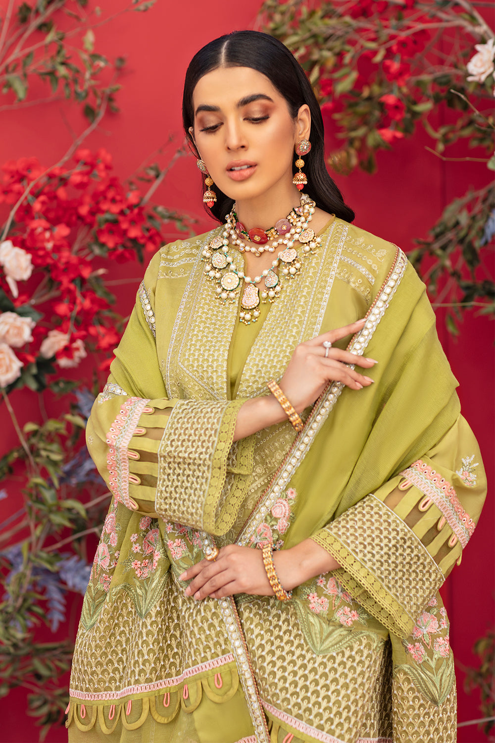 3 PC Unstitched Embroidered Shirt + Embroidered Rajju Net Dupatta + Dyed Cambric Trouser