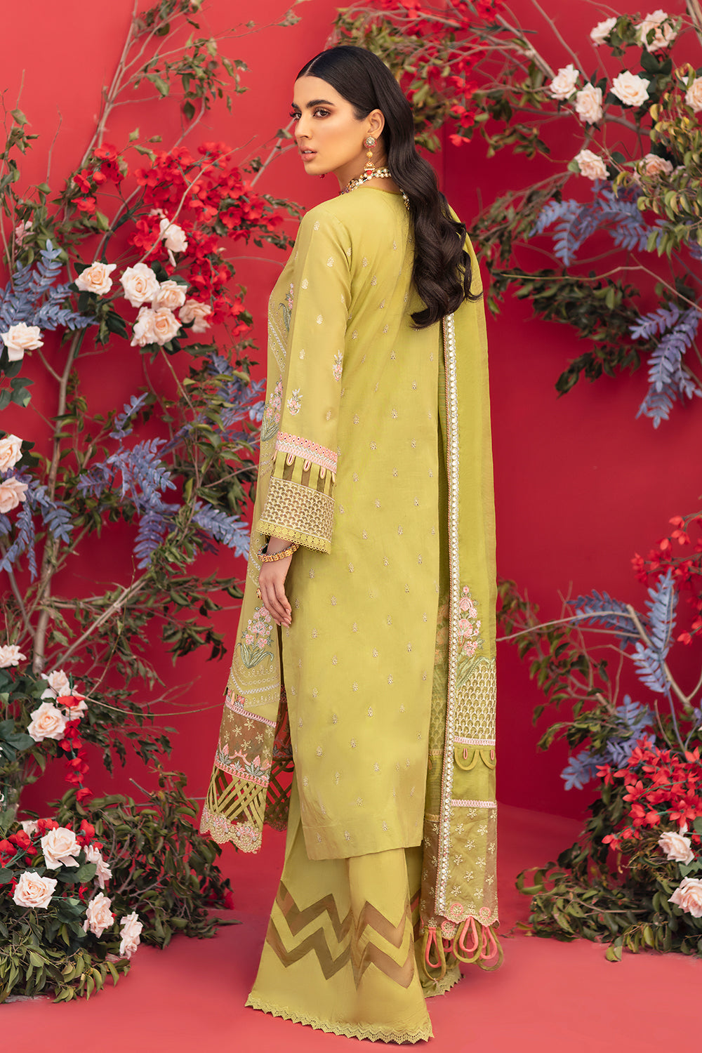 3 PC Unstitched Embroidered Shirt + Embroidered Rajju Net Dupatta + Dyed Cambric Trouser