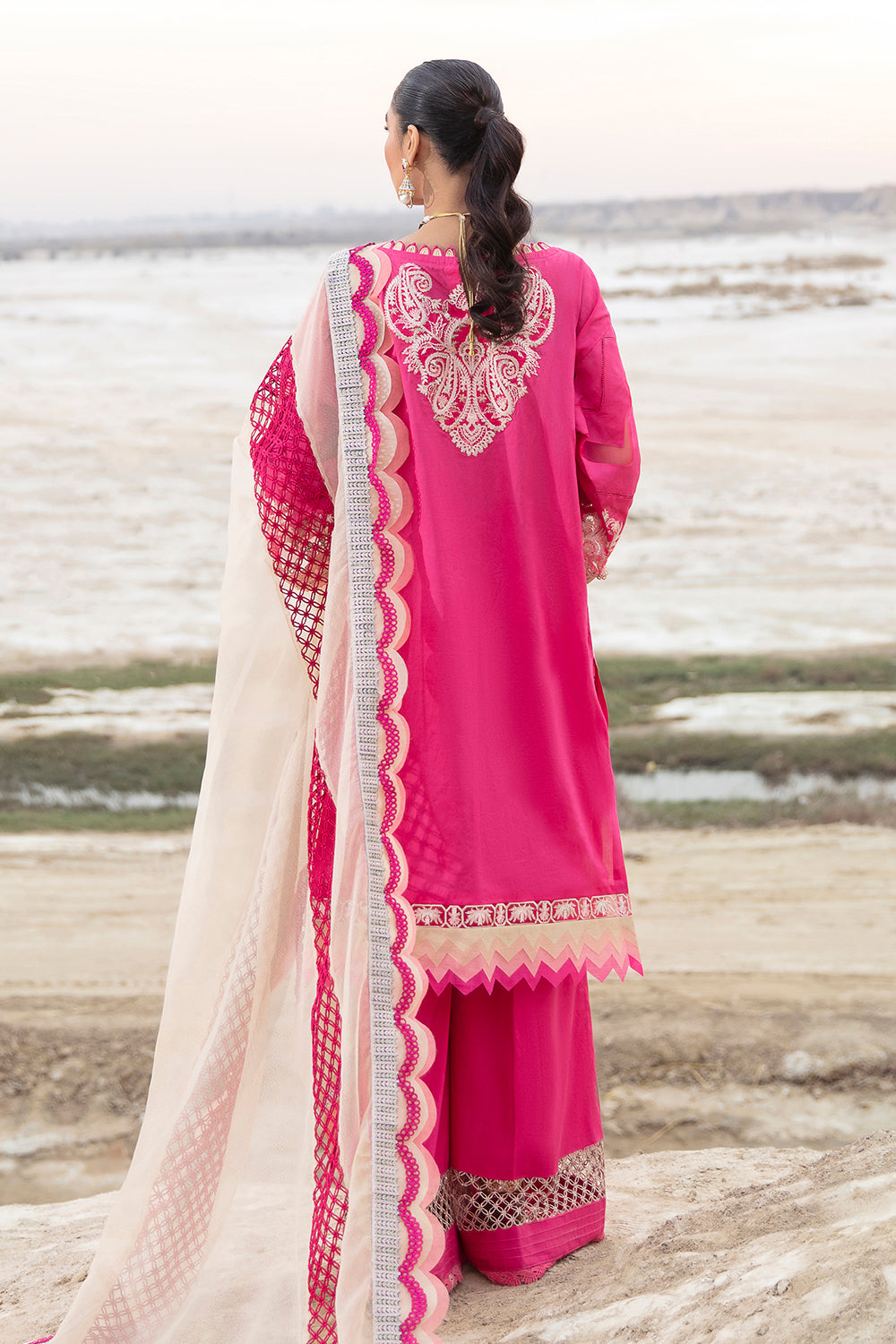 3 PC Unstitched Embroidered Shirt + Dyed Rajju Net Dupatta + Dyed Cambric Trouser