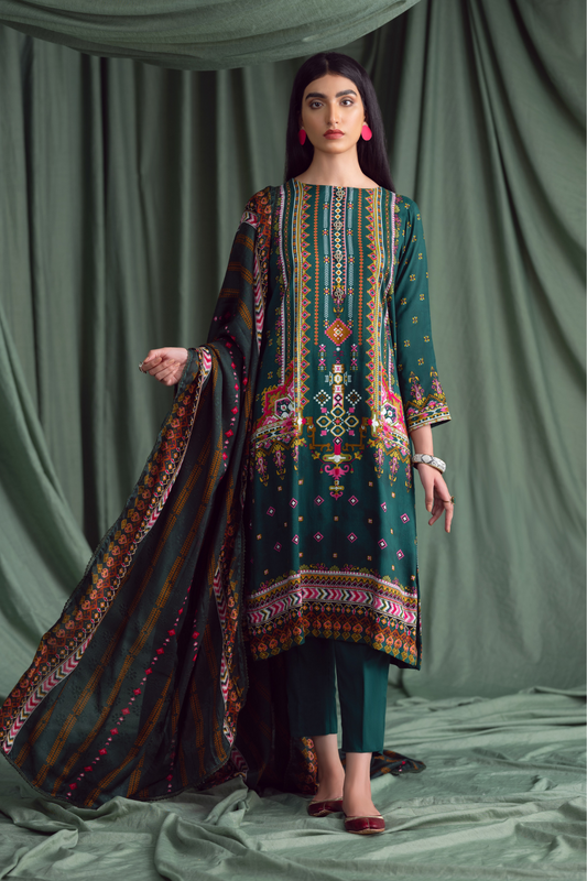 3PC Unstitched | Printed Linen Suit | Jacquard Dupatta