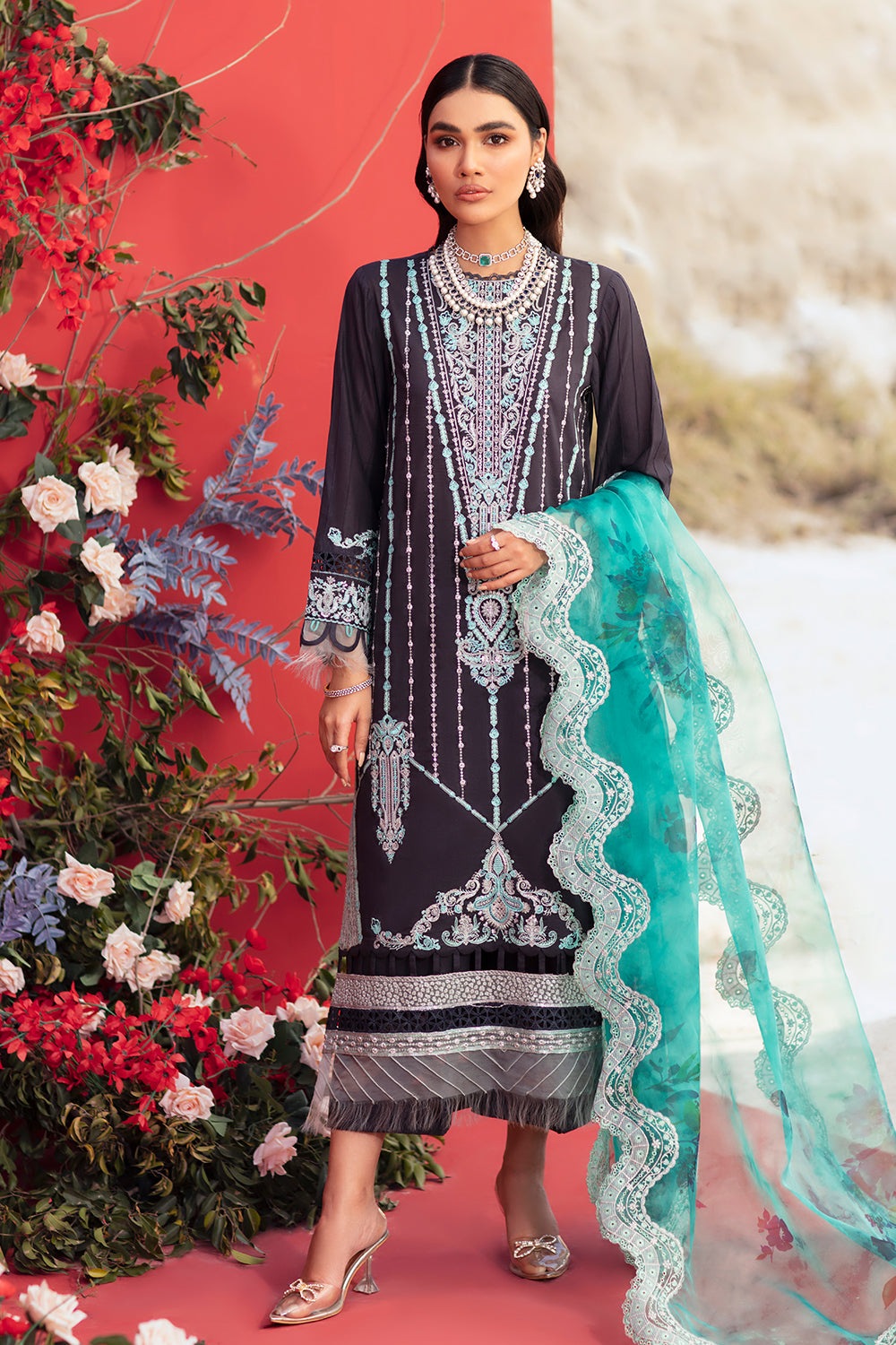 3 PC Unstitched Embroidered Shirt | Embroidered Organza Dupatta